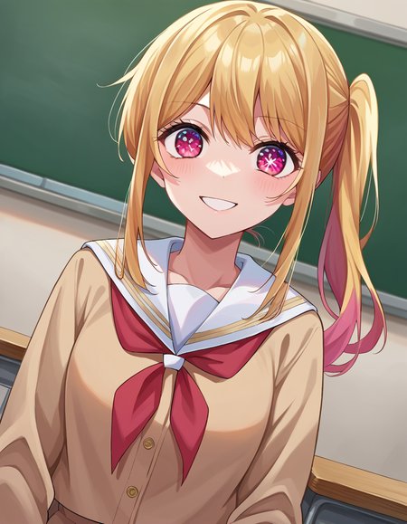 score_9, score_8_up, score_7_up, source_anime,
rubyhoshino, <lora:ruby-hoshino-ponyxl-lora-nochekaiser:1>,
ruby hoshino, long hair, bangs, blonde hair, pink eyes, sidelocks, symbol-shaped pupils, multicolored hair, two-tone hair, smile,
side ponytail, long sleeves, school uniform, serafuku, sailor collar, neckerchief, cardigan, red neckerchief, white sailor collar,
indoors, classroom,
looking at viewer, cowboy shot, dutch angle,