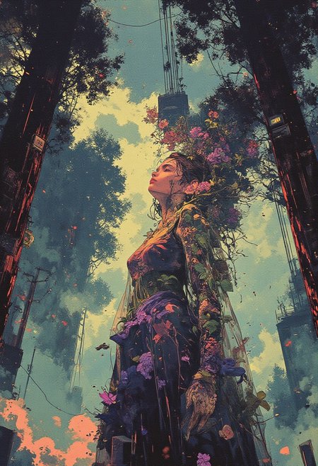 Off-center composition, wide-angle with subject facing away, A woman draped in a sheer, flowing veil seems to dissolve into a cascade of flowers that burst from the fabric. Her face is serene, eyes closed, as petals and vines emerge from her body, intertwining with the veil to form a lush, organic cocoon. The colors shift from deep purples to soft pinks, creating a sense of transformation and rebirth. Behind her, the background melts into swirling clouds, giving the image a dreamlike quality, Amidst Towering Redwood Trees in a Misty Forest: The colossal trees rise into the sky, their trunks enhanced with nano-bark for added strength. Fog clings to the ground, broken only by the occasional beam of light from overhead surveillance drones. The forest floor is lined with cybernetic flora, their faint, pulsing lights creating an eerie ambiance., stacked papercut art of photography art by Bill Henson, manga art by Kazuo Koike, , Gritty, visceral, historical, complex narratives, exploration of honor and samurai ethics, Contemporary photography, moody and atmospheric portraits, exploration of light and shadow, provocative themes . 3D, layered, dimensional, depth, precision cut, stacked layers, papercut, high contrast