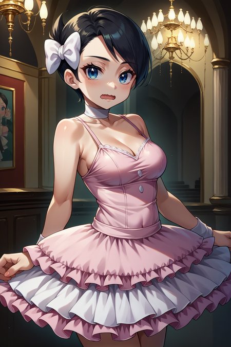 score_9, score_8_up, score_7_up, score_6_up, source_anime, 1girl, solo,  <lora:pkmnmarley-pdxl-nvwls-v1-000006:1> pmMly, black hair, short hair, blue eyes, hair bow, white bow, pink tutu, blush, open mouth, medium breasts, ballerina outfit, looking at you, wavy mouth, indoors, mansion, chandelier, spaghetti straps, bare shoulders