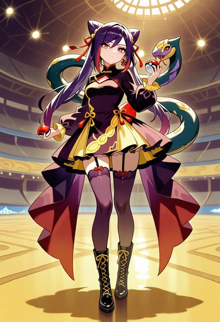 (masterpiece, best quality, high quality, highres), very awa, highres, absurdres, intricate detailed,
genshin impact, 
1girl, seviper, solo, full body, standing, 
warped by snake, holding pokeball,
magical girl, Chinese dress, complex outfit,
red dress, (dark purple black dress:1.3), (mustard yellow dress:1.1), ribbons, lace, multicolored dress, ornament on dress, stockings, lace-up boots,
arena  background,