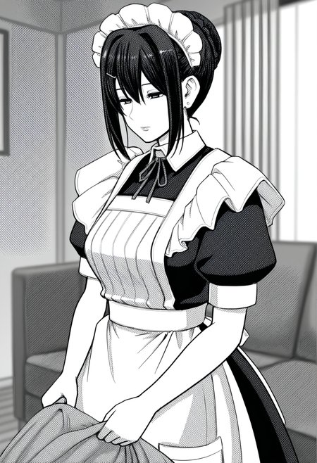 1girl, solo, <lora:Misato Kanako [Illustrious] Maid no Oshigoto:1>, MisatoKanako, hair bun, hairclip, earrings, maid headdress, neck ribbon, dress, short sleeves, maid apron, expressionless, detailed eyes, detailed body, detailed lips, indoors, living room, cleaning, depth of field, newest, scenery, volumetric lighting, monochrome, greyscale