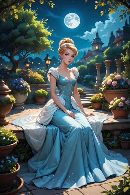 score_9, score_8_up, score_7_up, score_6_up
<lora:DCinderella:0.8>
DCinderella, 1girl, blonde hair, hair updo, blue eyes, looking at viewer, night, garden, sitting, moon, long dress
