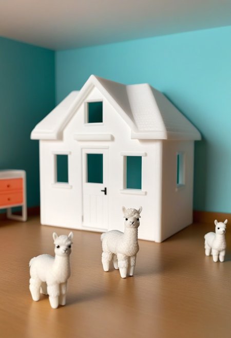 a fluffy miniature alpaca standing in a 3d printed house, colorful 3d printed toys lie around it, children's room, whitemold, art style