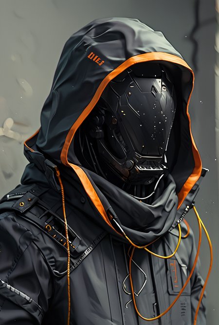 score_9, score_8_up, score_7_up,score_6_up, score_5_up, score_4_up,  BREAK
techwear,  <lora:TechWearPony:0.8>,
, hood, science fiction, solo, upper body, cable,black jacket,robot mask