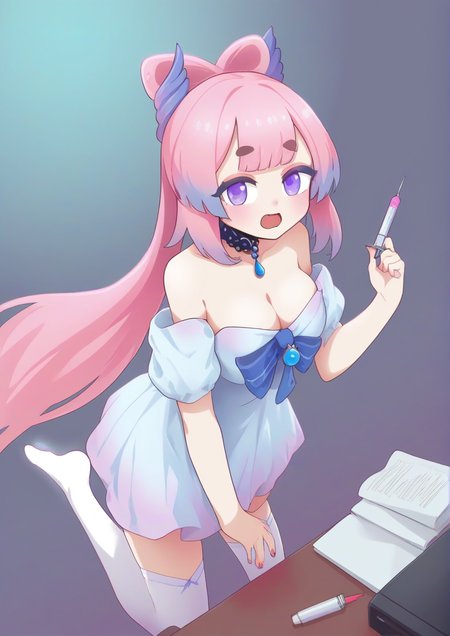 1girl, sangonomiya kokomi, by kodoto, breasts, cleavage, dress, gem, gradient hair, jewelry, multicolored hair, notepad, open mouth, pencil case, pink hair, puffy short sleeves, puffy sleeves, purple eyes, short sleeves, solo, syringe, thick eyebrows, thick eyelashes, thighhighs, white dress, <lora:KooJ38984258:1>