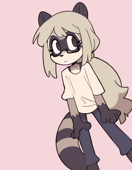 colored outlines, 
dutch angle, pastel background, 

1girl, solo, furry, anthro raccoon girl, hazel eyes, glasses, straight blonde hair, long ponytail, (button-up shirt:1.2), 