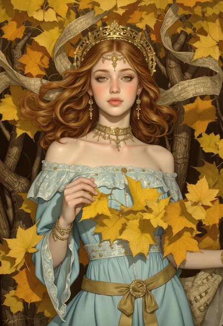 (vintagegirls:1.2) An ethereal embodiment of autumn’s fleeting grace, she stands poised amidst a swirling cascade of golden leaves, her presence as delicate and transient as the season itself. Her honey-brown hair flows in wild, untamed waves, adorned with fiery accents of autumn foliage, each leaf seeming to have chosen its place with purpose. Draped in a flowing, off-the-shoulder dress of pale blue, its gossamer fabric catches the soft light, evoking a sense of timeless elegance and a deep connection to nature’s rhythm. Her expression, both wistful and serene, carries a quiet longing, as though she’s a muse of the changing season, witnessing its beauty while carrying the weight of its impermanence. The golden glow of the leaves contrasts beautifully with the softness of her features, painting a scene that feels like a dream—a moment of autumn’s magic captured in a single breath of wind and light.