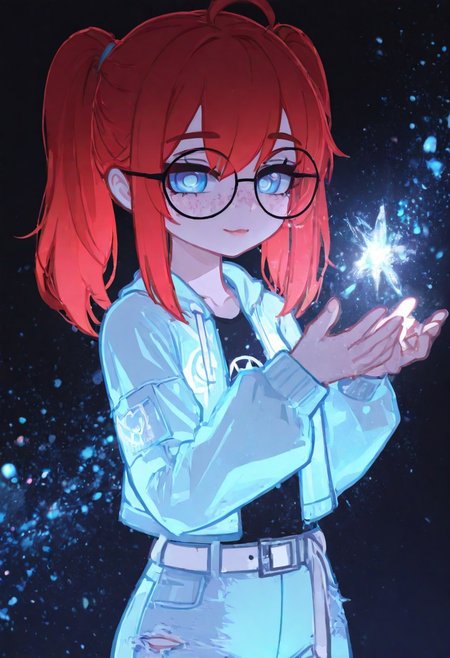 masterpiece, amazing quality, absurdres, best quality, ultra-detailed, 8K, illustration, CG,  detailed background, dynamic action image,  very aesthetic, newest, holographic colors, cute, dark background, absurdres, newest, volumetric lighting, 1girl, artist:john_kafka, (4k,8k,Ultra HD), ambient occlusion, raytracing, soft lighting, blum effect, absolutely eye-catching, particles, glow, shining, intricate cinematic background, (beautiful face), detailed face, detailed eyes, eyelashes, erotic, looking seductive, 1girl, 
GachaMiky rou, Mikycka, girl, red hair, two ponytails, freckles, ahoge, glasses, blue eyes, jewelry, light blue jacket, light blue pants, torn pants, white belt