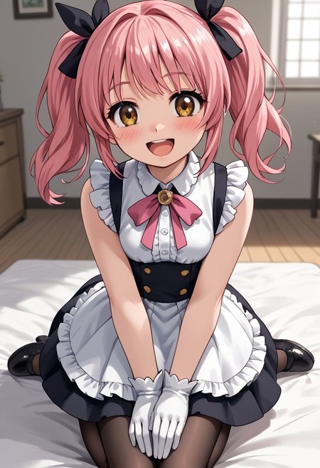 score_4,score_5,score_6,score_7_up,score_8_up,score_9 ((masterpiece,best quality,ultra detailed,highres,HD,4k:1.2)), 
1 cute girl,solo,girl focus,solo focus,face focus,
indoors,
pink hair, brown eyes,twintail, 
ribbon on clothes, pink ribbon,pantyhose, white gloves, gloves, sleeveless dress, frilly dress, black footwear, black shoes,
smile,happy,open mouth,blush,