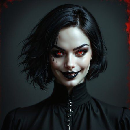 portrait of girl, purple and black hair, bob haircut, black background, black lipstick, vampire girl, dark makeup, long eyelashes, high contrast, vibrant color palette, red eyes, black clothes, detailed face, sharp details, realistic digital painting, evil grin