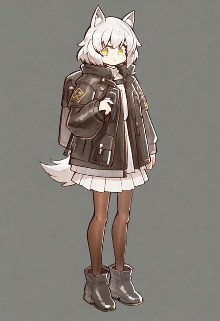 (((One girl))),white hair,wolf ears, jacket,round face
pantyhose,, black footwear, wolf tail,jacket,
Grey indoor background 
Yellow eyes
(((((((((bazooka))))))))