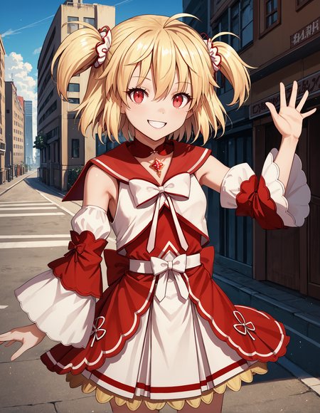 score_9, score_8_up, source_anime, 1girl, upper body, medium shot, detailed, mgrcayanorika, rikamgc, blonde hair, two side up, ahoge, red eyes, looking at viewer, white hairclips with bows, red choker, red neck gem, red sailor collar, white bowtie, white with red dress, white skirt, (red overskirt), white with red detached sleeves, white belt with bow, hand up, (dynamic pose), outdoors, city, street, waving, smiling, wind, (side view:0.7), <lora:mgrcayanorika_XL:1>