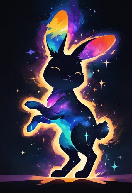masterpiece, best quality, simple illustration, 1rabbit, silhouette, full body, solo, dark background, sparkles, vivid colors,  tail ,happy, no_outlines,no lineart, t4kar4i_illu, inner_galaxy, galaxy on silhouette,