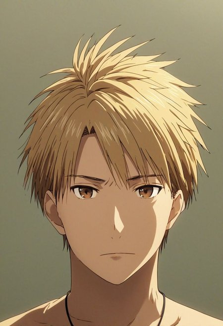 high resolution, solo, best quality, 1Boy, Yamato Ishida, Blond Hair, Necklace, portrait, looking at viewer, focused gaze forward, upper body, plain background, head upright, neutral expresion, OverallDetail