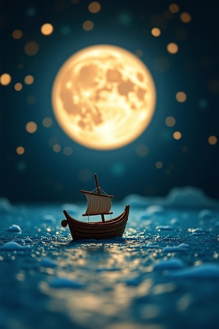 A small boat drifting beneath a full moon, with stars twinkling in a hand-made diorama, creating a dreamy, whimsical scene