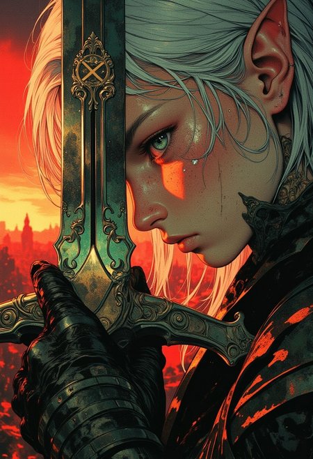 A close-up of a grief-stricken elven warrior's face, her emerald-green eyes glistening with tears that streak down her pale, dirt-smeared cheeks. pointy elf ears. Strands of silver hair cling to her face, damp from sweat and sorrow. Her trembling hands clutch the hilt of a broken sword pressed against her forehead, its glowing runes flickering faintly, casting soft, mournful light across her features. The background fades into a blurred haze of crimson and amber from a burning sunset, with faint silhouettes of fallen comrades barely visible. The focus is intensely dramatic, capturing every detail of her anguish and the weight of loss etched into her expression.