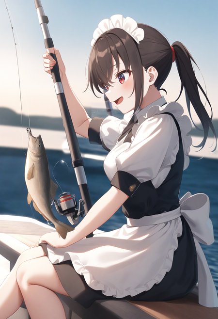 1girl,sincos, ningen mame, toosaka asagi,solo,medium breasts,20yo,maid,maid headdress,
fishing, fishing rod, fish, boat, holding fishing rod, holding fish, ocean, day, arm up, water drop, fishing line, <lora:fishing_XL_v1:0.8>
from side, feet out of frame, looking away, brown hair, red eyes,teasing smile,  open mouth, half updo hair,,
best quality, very aesthetic, absurdres