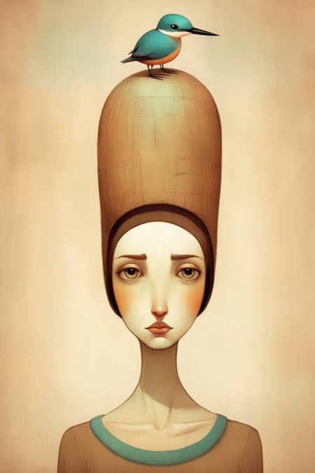 <lora:Gabriel Pacheco Style:1>Gabriel Pacheco Style - brown bobed woman with common-kingfisher on her head both looking to the viewer, cute funny character art adult illustration picture book design