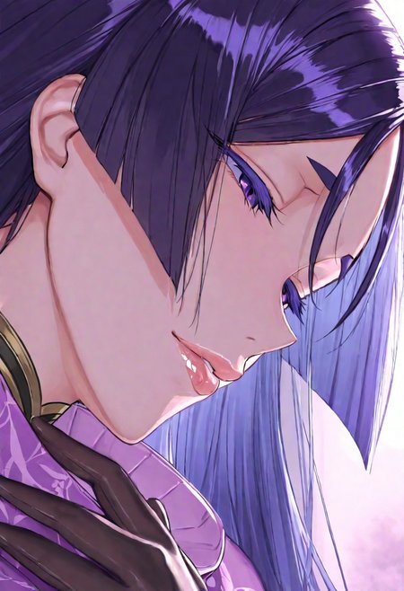 1girl, Minamoto-no-Raikou
\(fate\),, adult woman, milf, masterpiece, purple japanese dress, hand up, black gloves, high collar, dark purple hair, long hair, very long hair, luscious lips, lip gloss, huge breasts, portrait, colored eyelashes, backlighting, purple eyes, goddess, glossy skin, ,hires,best quality, very aesthetic,absurdres,score_9, score_8_up, score_7_up, score_6_up, score_5_up, score_4_up, (hyper extreme detailed), (hyper quality), game CG, (colour:1.2),(from side:0.7)