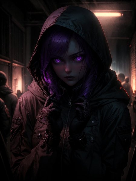 playing with hair, hands up, 
stealth operative, female, purple hair, glowing eyes, detailed hooded jacket, intricate tactical gear, focused expression, dark atmospheric setting, high detail, ultra high-resolution, photorealistic, complex composition, cinematic lighting, extremely detailed, masterpiece
 <lora:add_detail:0.5>,  <lora:epiCRealismHelper:1> <lora:breastsizeslideroffset:0.5>  <lora:backlight_slider_v10:-1> <lora:G_G2.0:0.6> Goth girl, Goth girl 1girl