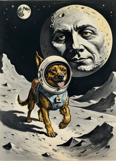vintage illustration, a (dog:0.5) wearing a helmet and a evil man walking on the moon, bottom view, 8k, F2.8, RAW Photo, ultra detailed,   <lora:Wizards_Vintage_Golden_Age_Illustrations:0.6>