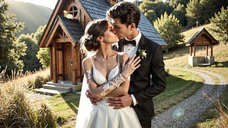 Candid photography of a couple embracing and kissing in front of a charming country chapel. The bride is wearing a stunning white wedding dress with intricate lace details, and the groom is dressed in a classic black tuxedo. They are standing in front of the small, wooden chapel on a sunny day. The bride's arms are crossed in front, and the groom's hands are gently placed on her waist. The soft sunlight illuminates the scene, creating a romantic and joyful atmosphere. The chapel and nature surrounding them add to the peaceful and loving moment. <lora:Sherry-00:1><lora:SelestaFlux1:1>