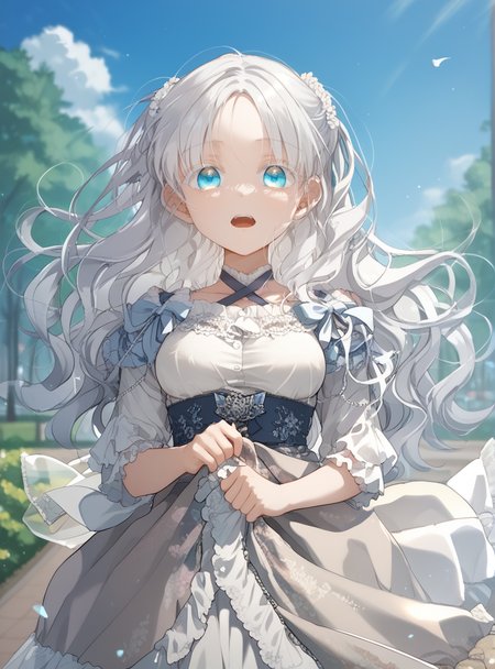 score_9_up, score_8_up, score_7_up, (Anime_source), 1girl,open mouth, in park , looking at viewer, facing viewer, dress, <lora:Aisha_Del_Elmir_-_Into_the_Light_Once_Again:1> aisha del elmir, 1girl, blue eyes, white hair, long hair, medium breasts, white eyeslash, parted bangs, grabbing clothes