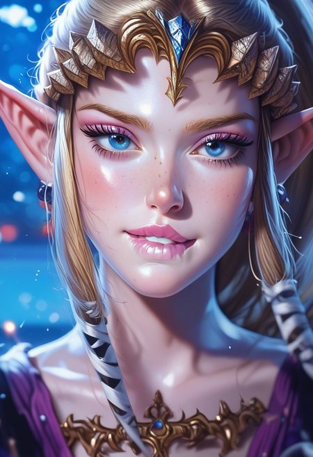 score_9, score_8_up, score_7_up, score_6_up, 1girl, Zelda, tpzlda, elf ears, blue eyes, blonde hair, solo, portrait, lips, freckles, biting own lip, (biting lip:1), seductive, ponytail, lipstick, makeup, eyeliner, eyeshadow, beautiful detailed face, sexy woman, open shirt, no bra, night, night club background, blurry background