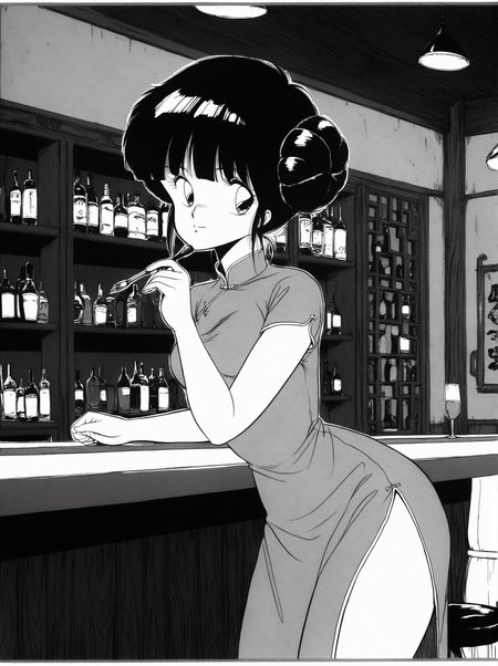 highres,ultra-detailed,very aesthetic,best quality,best hands,1980s,monochrome,grayscale,<lora:oonuma_hiroshi_v00:0.8>,1girl,medium breasts,black hair,twin bun hairstyle,blunt bangs,Chinese dress,bar,