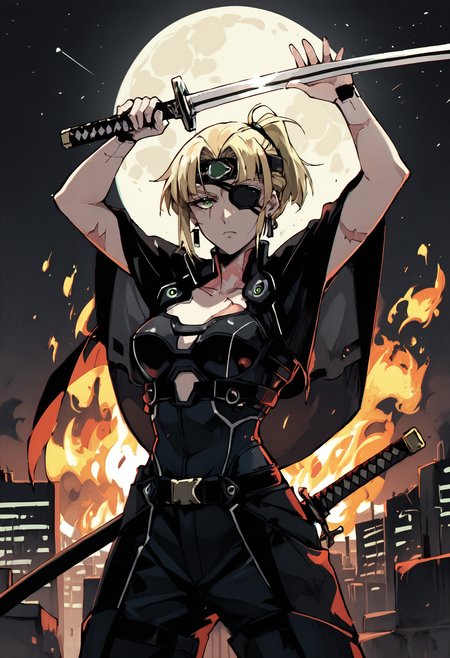 score_9, score_8_up, score_7_up, roof, city, explosion, fire, moon, stars,
1girl,  black mantle, earrings, cyberpunk, eyepatch, neon eyepatch, blonde hair, wild hair, short ponytail, bangs, one eye, green eye, scars on fase,
looking at viewer, expressionless, dark, dark theme, forehead protector,  cowboy shot,
standing, neon katana,  high guard sword parry stance, arms up, two-handed holding katana,  <lora:high_guard_sword_parry_stance:0.6>,
<lora:Anrosmas_Style:0.8>, anrosmas, <lora:Expressive_H:0.3>, <lora:Xenotrip_v.2:0.3>, <lora:dino:0.4>, <lora:hellsing_ultimate_style:0.3>,