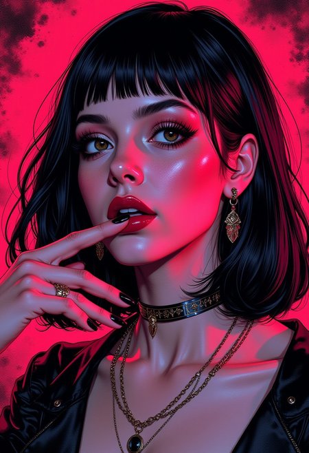 Stunning illustration, masterpiece, of a goth cyberpunk girl, straight-cut bob, bangs, black hair with red streak, earrings, necklaces, red thin lips, dark eyeshadow, choker, black nail varnish, one hand near her mouth, sensual, sexy, vibrant surreal colours