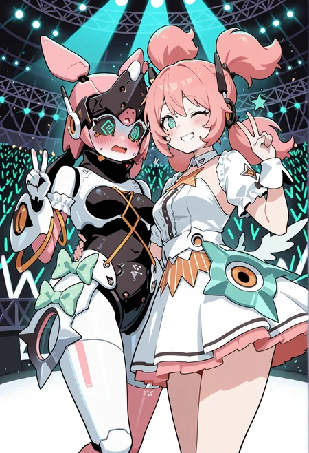 2girls, stage, stage lights, audience, glowing sticks, 1girl, robot girl, humanoid robot, robot joints, metal skin, aqua eyes, black sclera, mechanical hair, robot ears, green bow, armlet, frills, v, embarrassed, @_@,
BREAK
2girls, stage, stage lights, audience, glowing sticks, 1girl, idol, short dress, white dress, pink hair, aqua eyes, quad tails, v, smile wink  <lora:yutane_johiel_ZZZ:1>, masterpiece, best quality, amazing quality, very aesthetic, absurdres, highres, newest