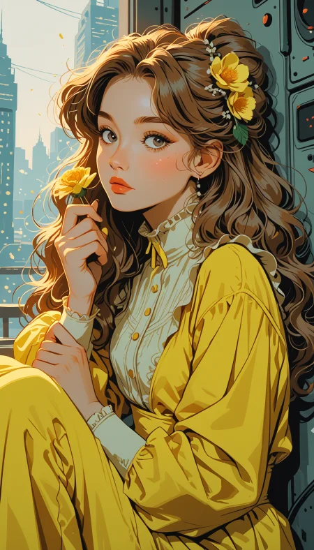 masterpiece, Shinkaistyle,
pinkretroanime, retro art,
Cyberpunk Style, cyberpunk, science fiction, hi tech, future tech, neon, (Cybernetics:1.25), (Neon Cityscape:1.4), (lineless:1.5), smooth edges, (lighten the face:1.5), tall body, slender body, fit body, long legs, The image features a stylized illustration of a character who appears to be a young woman with long, flowing hair. She's wearing a bright yellow dress with ruffled sleeves and a high collar, suggesting a fashion that could be from a historical or fantasy setting. Her pose is dynamic; she's looking off to the side with her hands clasped together in front of her, her expression thoughtful or contemplative. The character has large, round blue eyes and fair skin, which contrasts with the vibrant yellow of her dress. The art style leans towards a soft, whimsical aesthetic with a strong use of light and shadow to create depth and highlight details in the hair and clothing textures. There's a subtle glow that emanates from the character, adding to the ethereal and dreamlike quality of the image. The background is minimalistic, providing a neutral backdrop that keeps the focus on the character. The overall composition suggests a romantic or fairy-tale theme, with the use of bright colors and soft lighting contributing to a serene and inviting atmosphere., 1girl, solo, long hair, looking at viewer, blush, bangs, blue eyes, blonde hair, simple background, brown hair, hair ornament, long sleeves, white background, dress, bow, holding, brown eyes, sitting, very long hair, closed mouth, upper body, flower, frills, parted lips, puffy sleeves, hand up, hair flower, grey background, from side, lips, grey eyes, petals, eyelashes, makeup, feet out of frame, leaf, wavy hair, expressionless, light brown hair, frilled dress, lipstick, knees up, yellow bow, puffy long sleeves, curly hair, light blush, yellow flower, long dress, holding flower, red lips, yellow dress, yellow theme