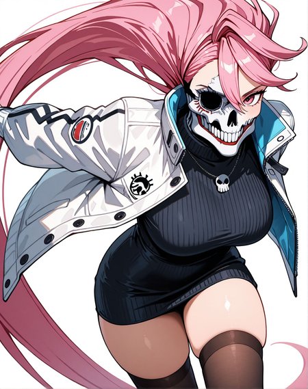 masterpiece,best quality,amazing quality,very aesthetic,absurdres,newest, huge filesize,
<lora:spo_sdxl_10ep_4k-data_lora_webui:0.5>dandadan, official art, 
 (Aira, SilkyVer, skull mask, hair between eyes, swept bangs, asymmetrical bangs, 1girl, smile, white jacket, black thighhighs, pink hair, white background, black sweater, simple background,thighs, black dress, pink eyes, long sleeves,<lora:ShiratoriAira-Dandadan-Illustrious-6:1>âââ. very long hair, open jacket,