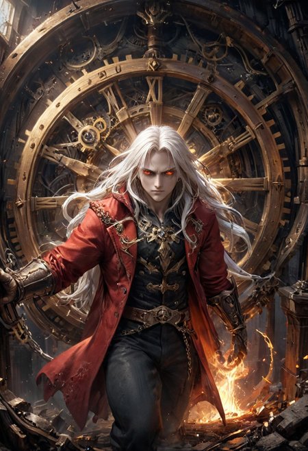 ((Third-person view of the handsome young acrobatic Alucard with long flowing white hair while climbing a giant vertical spinning gear inside an intricate clock tower high above the ground)), 
video game character, Castlevania, Symphony of the Night, SOTN, glowing rapier, long flowing white hair, radiant lighting, vibrant red cloak, realistic face, male model, confident, bold, stately,  
extremely detailed background, floorless tower, interior, gears, cogs, pendulums, wheels, wooden shafts, mechanisms, (background focus:1.5), 
eye catching, 
ral-exposure, motion blur, (motion blur fingers, motion blur feet:1.25), parkour, 
dynamic shot, viewed from the side, distant view, 
hyperdetailed realistic illustration, intricately detailed, highest quality, implied motion, motion streaks, motion lines, 
BREAK, ultra level of detail and precision in the art, masterpiece, absurdres, mixed media, (lineart:1.6), digtal art, detailed shading, extreme wide-angle view, ray-traced, 
intense mood, gritty, grimdark, 
subsurface scattering, (light leaks, lens flare, crepuscular rays, sunbeams, halo effects:1.3), (broken jagged rainbow optical rings:1.1), global illumination, ambient occlusion, soft shadows, film grain, Dutch angle, cinematic composition, (mystic haze, dusty atmosphere:1.2), HDR, complementary colors, (vibrant colors, colorful palette:1.1), (fisheye lens:1.8),