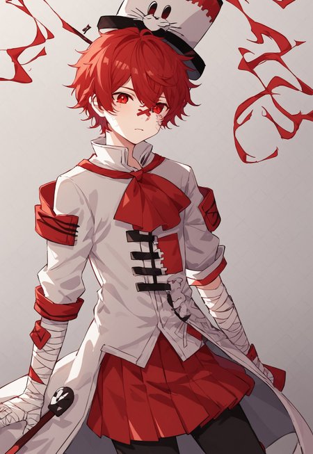 1boy, solo, Expressiveh, red hair, short hair, bandaged arm, white coat, white skin, scar on face, asymmetrical clothes, top hat, black pants, white boots, red skirt, mini skirt, pleated skirt, red ascot, red eyes, head flag, red sclera