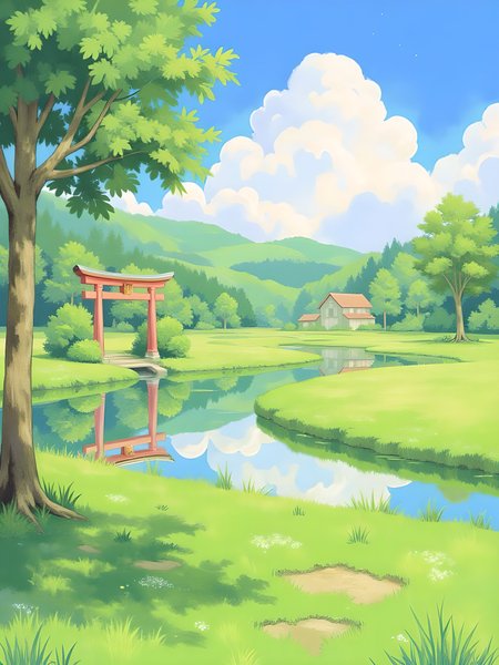 A serene outdoor scene depicted in pastel art style. It's a clear day with a bright blue sky and soft sunlight. In the foreground, there is a lush green field with patches of grass, small bushes, and various plants. A reflective body of water, possibly a rice paddy, mirrors the sky and nearby foliage. Trees and a torii gate are visible near the water, adding a traditional element to the natural scenery. In the background, there is a small house and a building surrounded by more greenery. The entire landscape feels peaceful and vibrant, with gentle colors and a calm, nature-filled atmosphere. aidmamjv7, aidmarealisticskin, reedy, nistyle, in the style of ckcs, drkfnts, v1v1dr34m <lora:aidmamjv7_aidmaMJv7-FLUX-v0.1:0.6> <lora:flux.1_lora_flyway_Epic-detail_v2:0.7> <lora:aidmarealisticskin_aidmaRealisticSkin-FLUX-v0.1:0.7> <lora:Dreamy_Illustrations_FLUX_LoRA-000001:1.0>