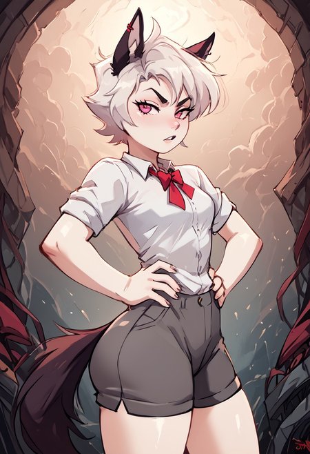 score_4_up, score_6_up, score_9, score_8_up, score_7_up, 1girl, small breasts, big ass. ONLY ONE FEMALE.
Yiffany (Yiffy), white skin, white hair, short hair, black wolf ears, pink eyes, black wolf tail, white shirt, red tie, grey shorts, red piercing, standing, kuudere expression, hands in hips,
Expressiveh, masterpiece, easynegative, high_quality, high_definition, 8k, verybadimagenegative_v1.3. <lora:add-detail-xl:0>, <lora:Expressive_H:1>, <lora:WildcardX-XL-Detail-Enhancer:1>, <lora:DetailedEyes_last:1>, <lora:Squeezer2:1>, EyesHD, Skin indention. 
very detailed, very detailed, high detailed texture, cinematic illumination, volumetric lighting sexy, pressured, (color photo):
