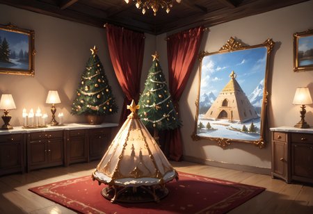 The quaint dining chamber exudes warmth and comfort, much like the embrace of an old friend. Gilded candles cast dancing shadows along the ornate walls, while sumptuous tapestries depicting mythic scenes sway gently overhead. The savory scent of roasted turkey mingles deliciously with notes of cinnamon and clove, promising culinary delight.
Yet amidst such festive trappings lies a haunting tableau—a pyramid of verdant rice cakes stacked high atop gleaming chinaware. Each plump disc bears a visage both eerily innocent yet undeniably morose; bulbous button eyes stare out blankly above pinched little mouths downturned in permanent frowns. They perch precariously on the edge of the plate, ready to tumble downwards at any moment—much like so many hopes dashed during the holiday season.
BREAK,
score_9, score_8_up, score_7_up, ratting_safe,
Impressionism, impressionist painting, loose brushwork, light and shadow play, captures feeling over form, 
figure-studies, oil-painting, romanticism, painting, elegance, opulence,
beautiful, painterly, detailed, textural, artistic, aesthetic, intricate details, highly detailed, vivid, vibrant, 
chrlib, scenery, indoors, living room, night, oven, christmas tree, christmas ornaments, red carpet, no humans, full_details,, 
impressionist art, impressionistic oil painting, acrylic oil painting, loose brushwork, expressive brushwork, figurative art, xmas_style_2K24