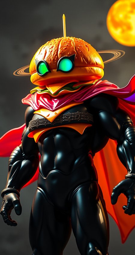 m100-style, a muscular Cheeseburger with a Planethead, juicy, deep blacks, charming mysterious, Action Scene, billowing translucent Rainbow colored cape, volumetric lighting, realistic analog photo,