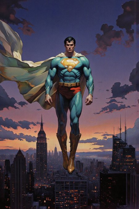 Art by Frank Frazetta, ArsMJStyle, Colored pencil hyperdetailed realism, Superman in a classic pose, floating above a cityscape at sunset. The background features a city with skyscrapers and tall buildings, bathed in a regraded cool-toned twilight. The sky is now a blend of deep purples, blues, and hints of emerald green, with scattered clouds reflecting the altered color palette.  
Superman, the central figure, is portrayed with a muscular physique and a determined expression. He wears a redesigned suit where the traditional blue is now crisp white, and the red elements have been replaced with a striking emerald green. The iconic yellow S-shield on his chest remains unchanged, standing out boldly against the new color scheme. His flowing cape, now emerald green, billows behind him, adding to the dramatic and powerful presence he commands.  
His boots match the cape in emerald green, while his gloves are also white, blending seamlessly with the redesigned suit. The texture of his costume appears smooth and slightly glossy, reflecting ambient light and enhancing the heroic aesthetic.  
The lighting in the image has been adjusted to a more ethereal, moody glow, casting soft, diffused illumination on Superman and the city below. The overall composition and color palette now exude a sense of otherworldly majesty, making this a visually captivating and striking reinterpretation of the iconic superhero.