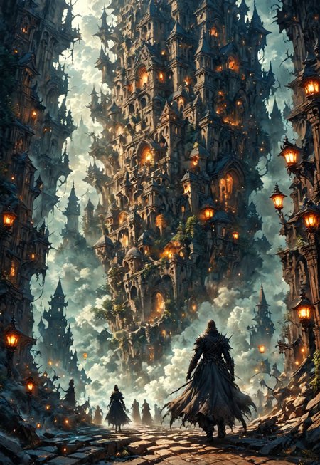 1other, scenery, outdoors, cloud, building, sky, tower, stairs, cloudy sky, multiple others, ambiguous gender, city, fog, fantasy, architecture, castle, standing, weapon, multiple boys, lamppost, lantern, arch, bridge, eye-level on a low-angle shot of a medieval castle. The castle is made up of gray stone, with turrets and spires. Two people, dressed in dark clothing, are walking on a cobblestone pathway. The sky is a deep blue, dotted with white clouds, adding a touch of mystery to the scene. To the right of the castle, a street lamp is lit up, providing a warm glow., a dark and ominous scene, gothic castle, two people standing on the left side of the image, A detailed digital illustration of a dark and ominous scene, featuring a towering castle with turrets and spires, standing on a cobblestone pathway. The castle, a Gothic-style structure, is awash in a deep blue and white cloudy sky, while two people stand on the left side of the image, clad in dark clothing. The illustration captures a sense of mystery and intrigue, with a low-angle shot of the castle's grandeur., anime artwork, anime style, studio anime, highly detailed, masterpiece, best quality, very aesthetic, absurdres, cinematic lighting, realistic, hyperrealism, 

DonM3t3rn1tyXL, Bloodborne, artchlr, husk, DonMG414XL, 
