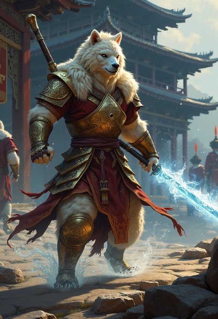 An anthro martial artist is a mixture of alpaca and bear with golden white fur. His attacks flow with glowing Qi aura as he charges towards you with his righteous sword of flowing water. He is part of the orthodox faction and his mission is to defeat degenerate evildoers like you. He's wearing light buddhist armor. The scene takes place in ancient Mongolia, during interesting times, near a beautiful monastery.