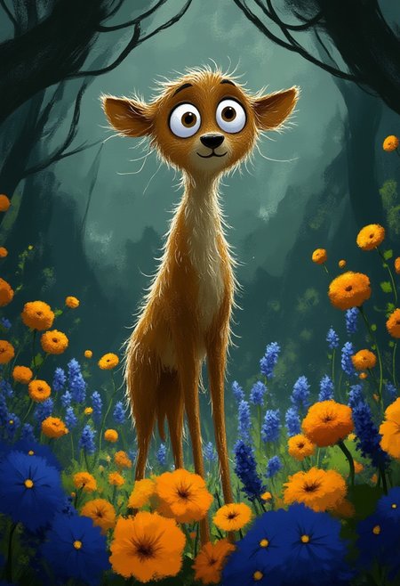 A whimsical illustration of a skinny deer with patchy fur in dark whimsical art style, standing among blue cornflowers and orange marigolds, digital painting with expressive brushstrokes showing textured fur, twilight forest background, characteristic Tim Burton inspired design with huge brown eyes and dark muzzle
