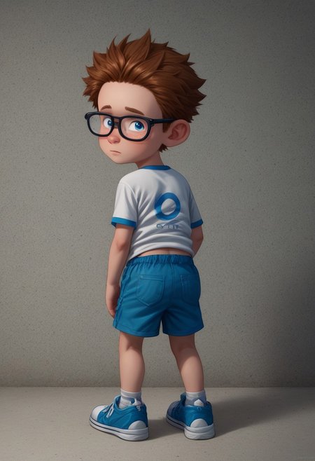 score_9, score_8_up, score_7_up, highly detailed, cute boy, 1boy, solo, male focus, lucasnickle, freckles, blue eyes, brown hair, spiky hair, messy hair, short and neatly combed, blue eyes, wearing glasses, t-shirt with a circular logo, blue shorts, sneakers,, from behind, looking back, full body, full body shot