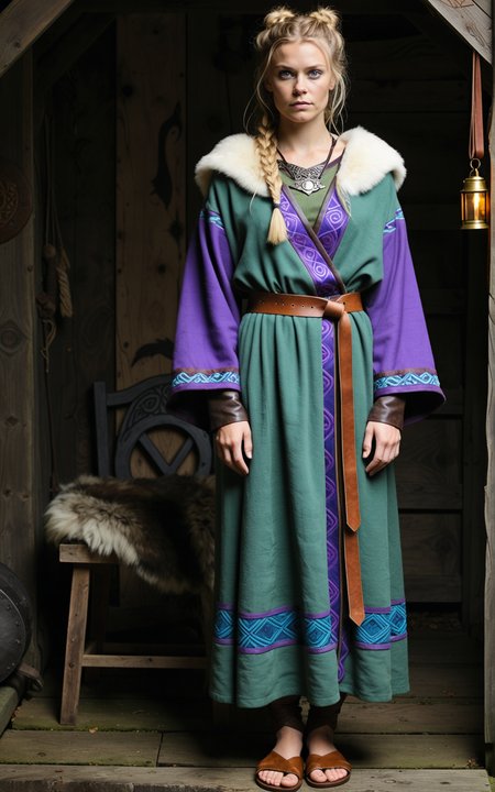 1girl,Viking, Gunnhild from the TV series Vikings, RagnheiÃ°ur RagnarsdÃ³ttir, 41yo, tall, dark blonde hair, long hair, wavy hair, hair tied back, blue eyes, serious look, strong build, normal breasts, A mystic seerâs robe in deep amethyst, moss green, and twilight silver, crafted from hand dyed wool with celestial inspired embroidery. The wide sleeves are lined with sheepskin for warmth, while a heavy bronze pendant hangs from the high collar. Paired with tasseled leather sandals and a handwoven sash.,