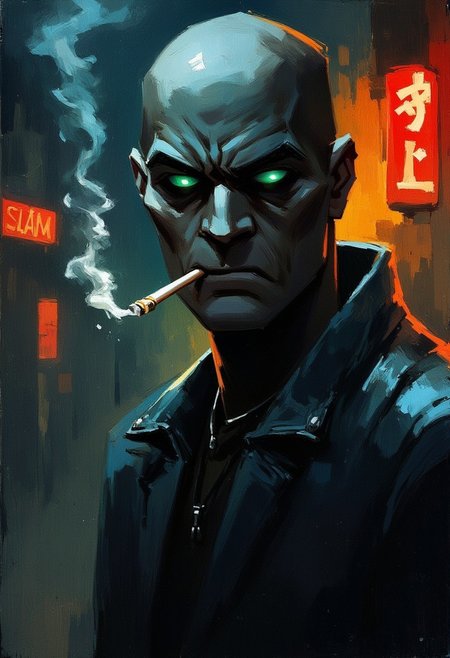 Oil painting face portrait rendered in a loose, impressionistic style with thick, expressive brush strokes. It depicts a droid in cyberpunk street smoking a cigarette. Droid looks grim and contemplative. He wears dark leather jacket and punk outfit. His eyes glow with soft green light. Thin smoke line coming from litte cigarette. The background is dark with neon lights. Close-up face portrait.