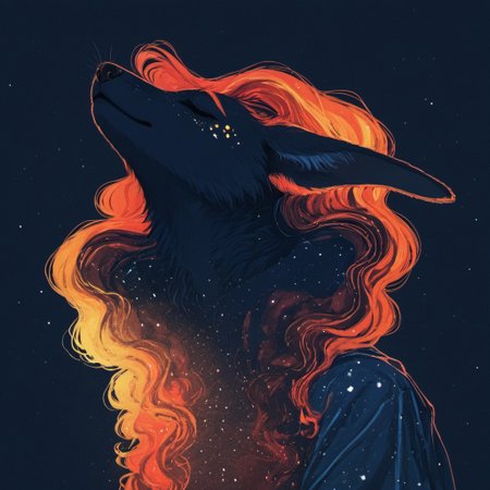 score_9, score_8_up, score_7_up, folded ears, Create a colorful abstract highly detailed image, a vibrant digital artwork depicting a serene female anthro fox figure with her eyes closed and her head tilted upwards. Her long, wavy copper hair falls down her back and is interwoven with intricate patterns of swirling colors. The background is a rich, dark blue night sky with glowing stars and abstract, colorful spheres. The figure's face is adorned with soft, gentle features and a serene expression, her lips slightly parted as if she is in a state of meditation or bliss. The artwork is a mix of surrealism and expressionism with an emphasis on rich, flowing textures and vibrant color gradients. The background features a mix of geometric and organic shapes, including circular and rectangular shapes in shades of blue, orange, yellow, and green, creating a sense of depth and movement. The figure's hair blends seamlessly into these patterns, adding to the overall fluidity of the work. The colors are intensely saturated, with deep blues, fiery oranges, and warm yellows dominating the scene. Textures vary from soft, flowing hair to rough, swirling patterns in the background, enhancing the dreamlike quality of the artwork. th3d4rk, darkness, shadow