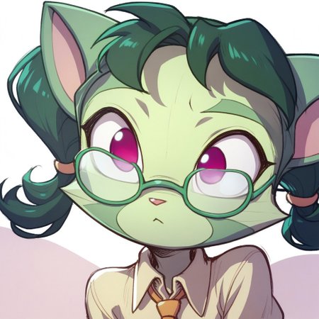 score_9, score_8_up, score_7_up, 1girl,  furry, cat ears, green skin, green hair, short twintails, pink eyes, glasses,  tail, solo,