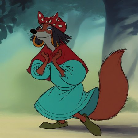 score_9, score_8_up, score_7_up, solo, RH_Gypsy, Robin Hood, Anthro Fox, fox, Disney, Red fur, white markings, fox tail, black eyes, black nose, whiskers, fox tail, black hair, hoop earrings, gold earings, blue eyeshadow, eyelashes, beauty mark, teal dress, baggy dress, red shoal, red bandana, polka-dot bandana, full body, footpaws